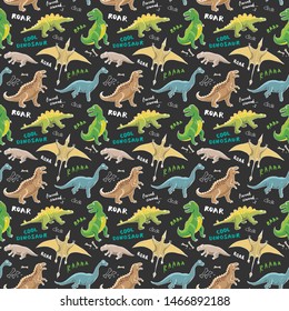 Dino Seamless Pattern, Cute Cartoon Hand Drawn Dinosaurs Doodles Vector Illustration.