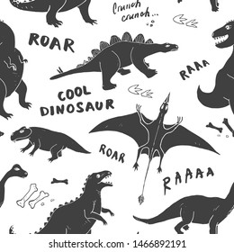 Dino Seamless Pattern, Cute Cartoon Hand Drawn Dinosaurs Doodles Vector Illustration.