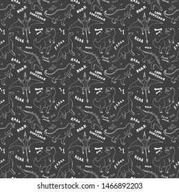 Dino Seamless Pattern, Cute Cartoon Hand Drawn Dinosaurs Doodles Vector Illustration.