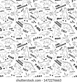 Dino Seamless Pattern, Cute Cartoon Hand Drawn Dinosaurs Doodles Vector Illustration.