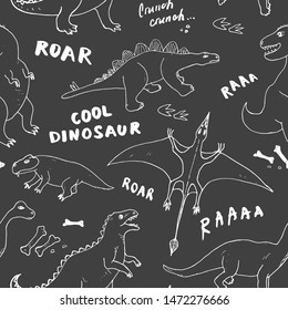 Dino Seamless Pattern, Cute Cartoon Hand Drawn Dinosaurs Doodles Vector Illustration.