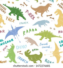 Dino Seamless Pattern, Cute Cartoon Hand Drawn Dinosaurs Doodles Vector Illustration.