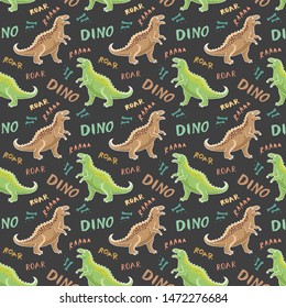 Dino Seamless Pattern, Cute Cartoon Hand Drawn Dinosaurs Doodles Vector Illustration.