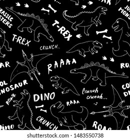 Dino Seamless Pattern, Cute Cartoon Hand Drawn Dinosaurs Doodles Vector Illustration.