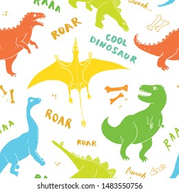 Dino Seamless Pattern, Cute Cartoon Hand Drawn Dinosaurs Doodles Vector Illustration.