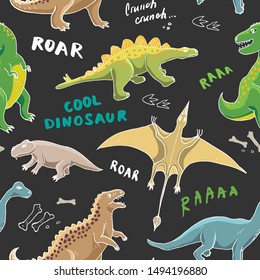 Dino Seamless Pattern, Cute Cartoon Hand Drawn Dinosaurs Doodles Vector Illustration.