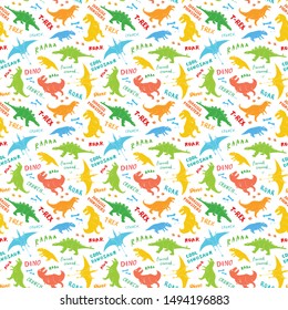 Dino Seamless Pattern, Cute Cartoon Hand Drawn Dinosaurs Doodles Vector Illustration.
