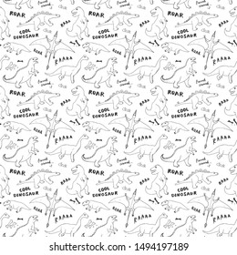 Dino Seamless Pattern, Cute Cartoon Hand Drawn Dinosaurs Doodles Vector Illustration.