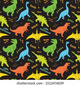Dino Seamless Pattern, Cute Cartoon Hand Drawn Dinosaurs Doodles Vector Illustration.