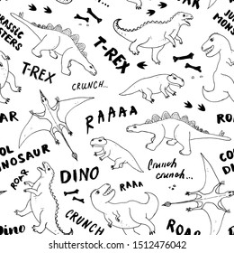 Dino Seamless Pattern, Cute Cartoon Hand Drawn Dinosaurs Doodles Vector Illustration.
