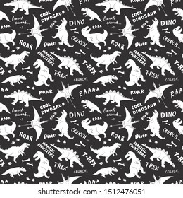 Dino Seamless Pattern, Cute Cartoon Hand Drawn Dinosaurs Doodles Vector Illustration.
