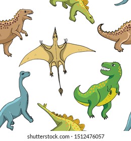 Dino Seamless Pattern, Cute Cartoon Hand Drawn Dinosaurs Doodles Vector Illustration.