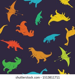 Dino Seamless Pattern, Cute Cartoon Hand Drawn Dinosaurs Doodles Vector Illustration.