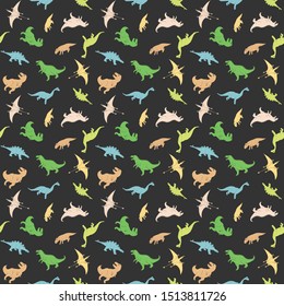 Dino Seamless Pattern, Cute Cartoon Hand Drawn Dinosaurs Doodles Vector Illustration.