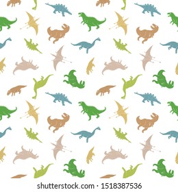 Dino Seamless Pattern, Cute Cartoon Hand Drawn Dinosaurs Doodles Vector Illustration.