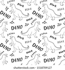 Dino Seamless Pattern, Cute Cartoon Hand Drawn Dinosaurs Doodles Vector Illustration.