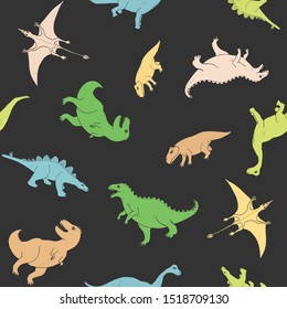 Dino Seamless Pattern, Cute Cartoon Hand Drawn Dinosaurs Doodles Vector Illustration.