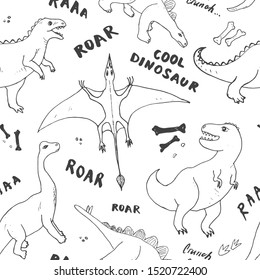 Dino Seamless Pattern, Cute Cartoon Hand Drawn Dinosaurs Doodles Vector Illustration.