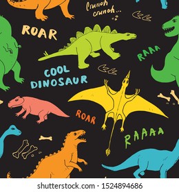 Dino Seamless Pattern, Cute Cartoon Hand Drawn Dinosaurs Doodles Vector Illustration.