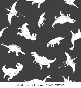 Dino Seamless Pattern, Cute Cartoon Hand Drawn Dinosaurs Doodles Vector Illustration.
