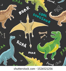 Dino Seamless Pattern, Cute Cartoon Hand Drawn Dinosaurs Doodles Vector Illustration.