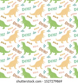 Dino Seamless Pattern, Cute Cartoon Hand Drawn Dinosaurs Doodles Vector Illustration.