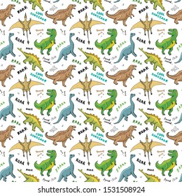 Dino Seamless Pattern, Cute Cartoon Hand Drawn Dinosaurs Doodles Vector Illustration.
