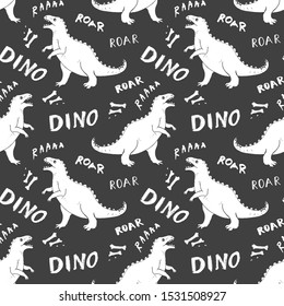 Dino Seamless Pattern, Cute Cartoon Hand Drawn Dinosaurs Doodles Vector Illustration.