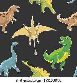 Dino Seamless Pattern, Cute Cartoon Hand Drawn Dinosaurs Doodles Vector Illustration.
