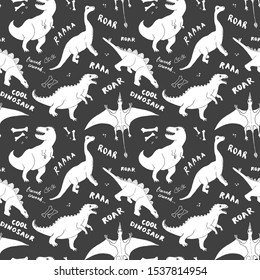 Dino Seamless Pattern, Cute Cartoon Hand Drawn Dinosaurs Doodles Vector Illustration.