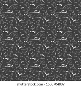 Dino Seamless Pattern, Cute Cartoon Hand Drawn Dinosaurs Doodles Vector Illustration.