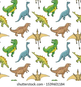 Dino Seamless Pattern, Cute Cartoon Hand Drawn Dinosaurs Doodles Vector Illustration.