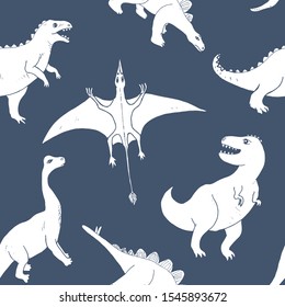 Dino Seamless Pattern, Cute Cartoon Hand Drawn Dinosaurs Doodles Vector Illustration.