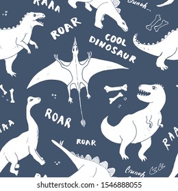 Dino Seamless Pattern, Cute Cartoon Hand Drawn Dinosaurs Doodles Vector Illustration.