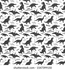 Dino Seamless Pattern, Cute Cartoon Hand Drawn Dinosaurs Doodles Vector Illustration.