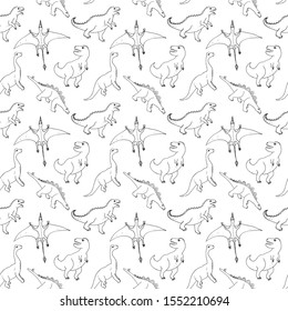 Dino Seamless Pattern, Cute Cartoon Hand Drawn Dinosaurs Doodles Vector Illustration.