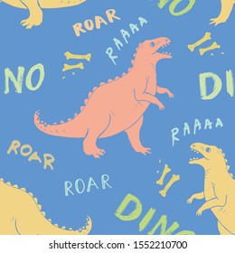 Dino Seamless Pattern, Cute Cartoon Hand Drawn Dinosaurs Doodles Vector Illustration.