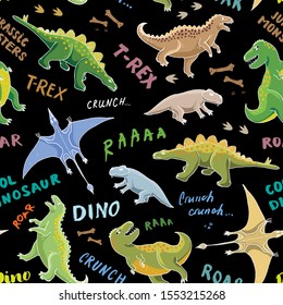 Dino Seamless Pattern, Cute Cartoon Hand Drawn Dinosaurs Doodles Vector Illustration.