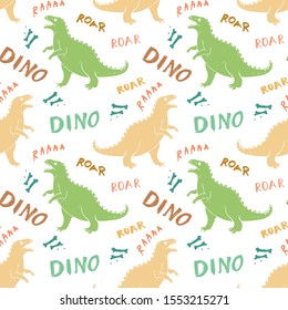 Dino Seamless Pattern, Cute Cartoon Hand Drawn Dinosaurs Doodles Vector Illustration.