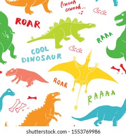 Dino Seamless Pattern, Cute Cartoon Hand Drawn Dinosaurs Doodles Vector Illustration.