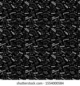 Dino Seamless Pattern, Cute Cartoon Hand Drawn Dinosaurs Doodles Vector Illustration.