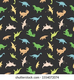 Dino Seamless Pattern, Cute Cartoon Hand Drawn Dinosaurs Doodles Vector Illustration.