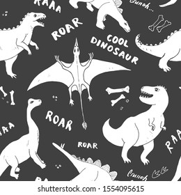 Dino Seamless Pattern, Cute Cartoon Hand Drawn Dinosaurs Doodles Vector Illustration.
