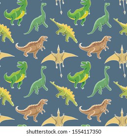 Dino Seamless Pattern, Cute Cartoon Hand Drawn Dinosaurs Doodles Vector Illustration.