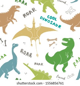 Dino Seamless Pattern, Cute Cartoon Hand Drawn Dinosaurs Doodles Vector Illustration.