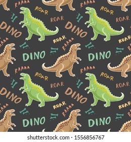 Dino Seamless Pattern, Cute Cartoon Hand Drawn Dinosaurs Doodles Vector Illustration.