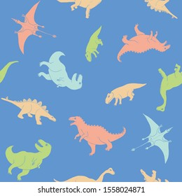 Dino Seamless Pattern, Cute Cartoon Hand Drawn Dinosaurs Doodles Vector Illustration.