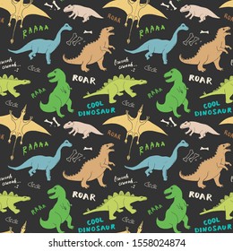 Dino Seamless Pattern, Cute Cartoon Hand Drawn Dinosaurs Doodles Vector Illustration.