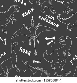 Dino Seamless Pattern, Cute Cartoon Hand Drawn Dinosaurs Doodles Vector Illustration.