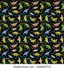 Dino Seamless Pattern, Cute Cartoon Hand Drawn Dinosaurs Doodles Vector Illustration.